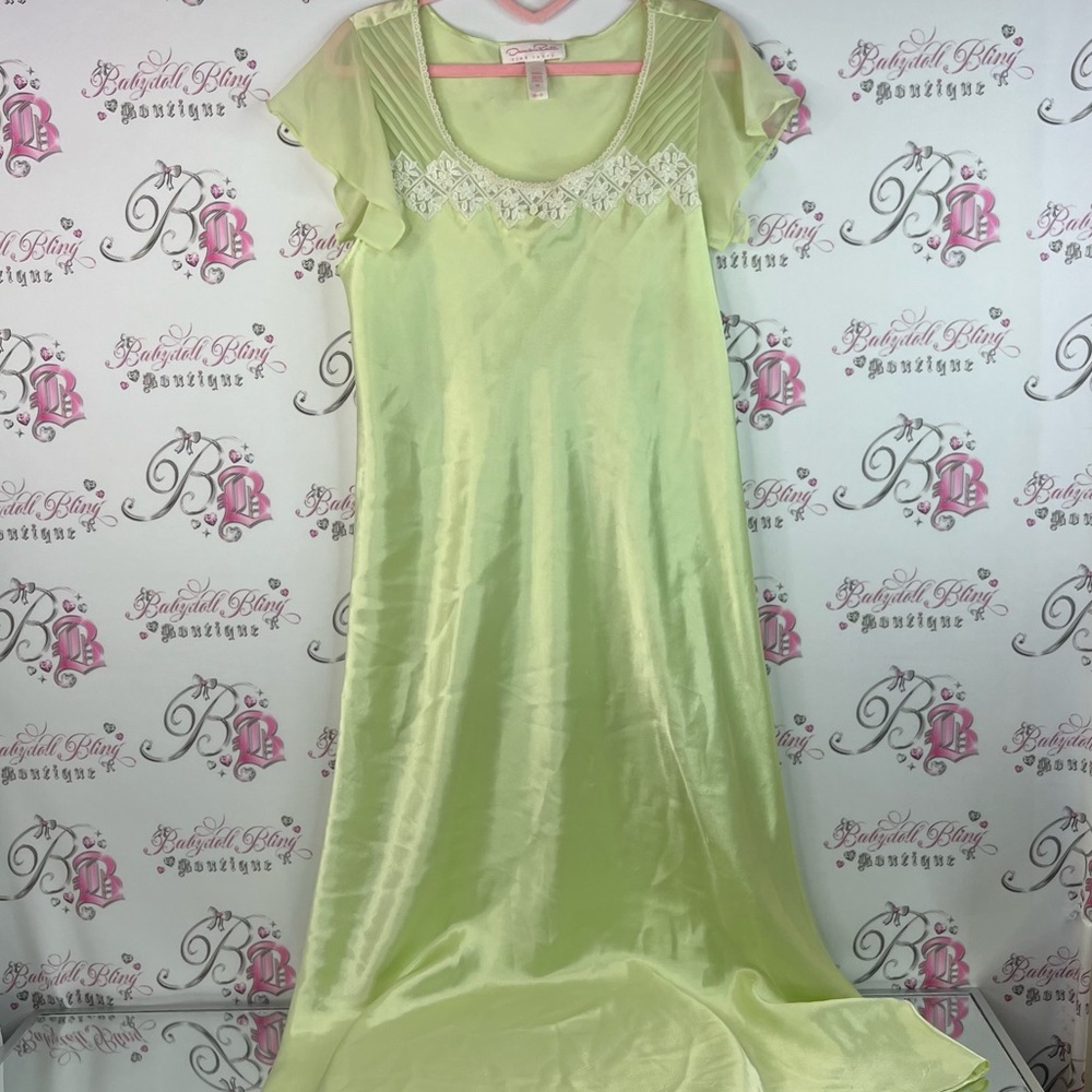 Oscar de la Renta dress gown shiny shimmer lace Lacie Light Green Satin Chemise